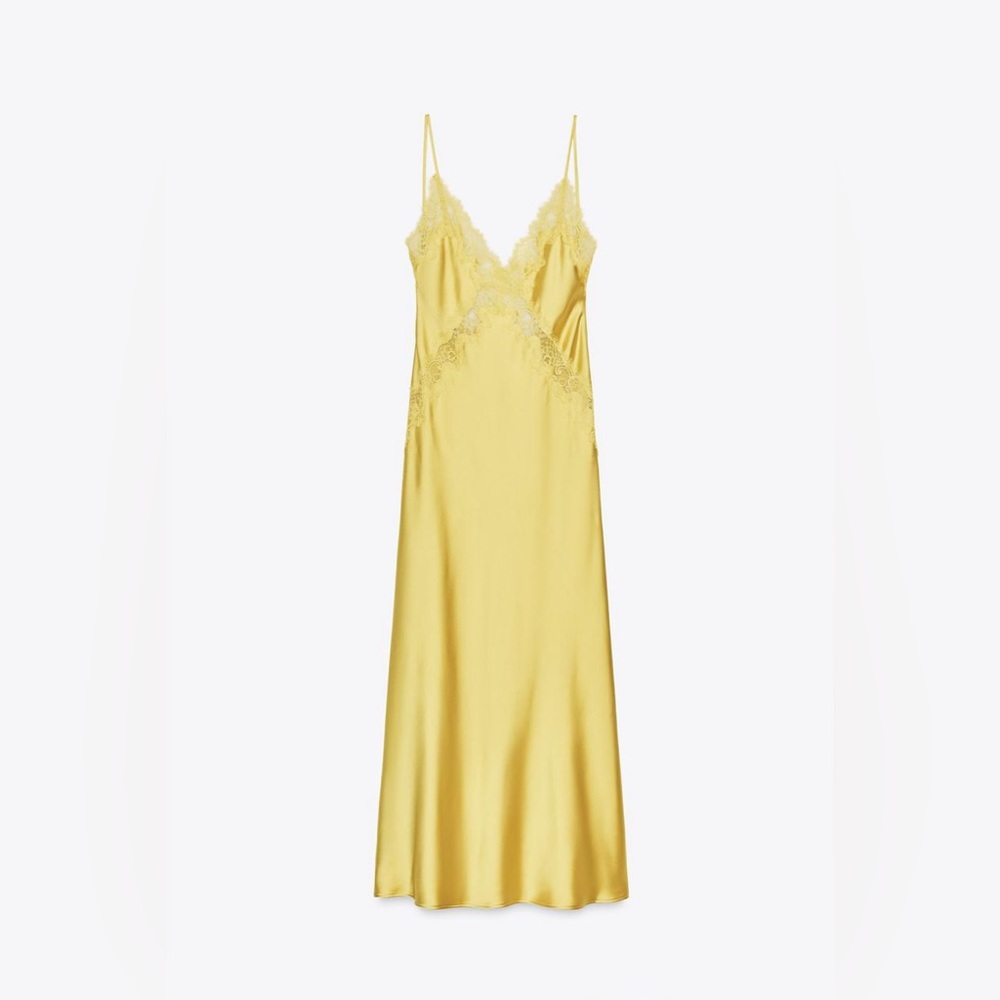 ZARA Yellow Satin Midi Slip Dress with Lace, New Medium - Picture 7 of 17